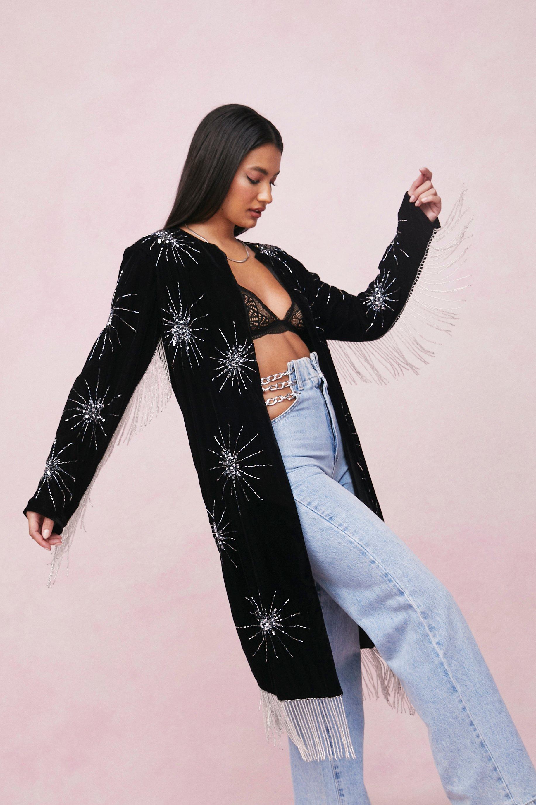 Star Embellished Velvet Kimono Jacket