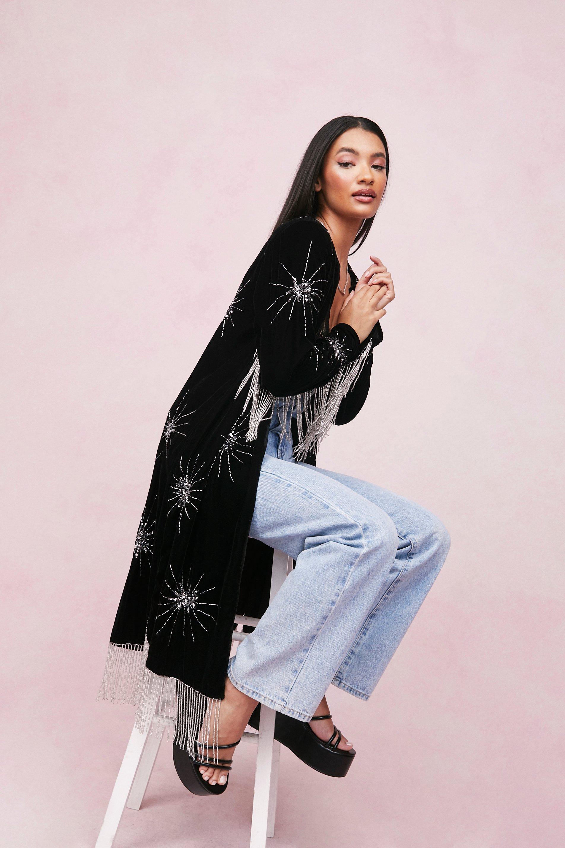 Star Embellished Velvet Kimono Jacket