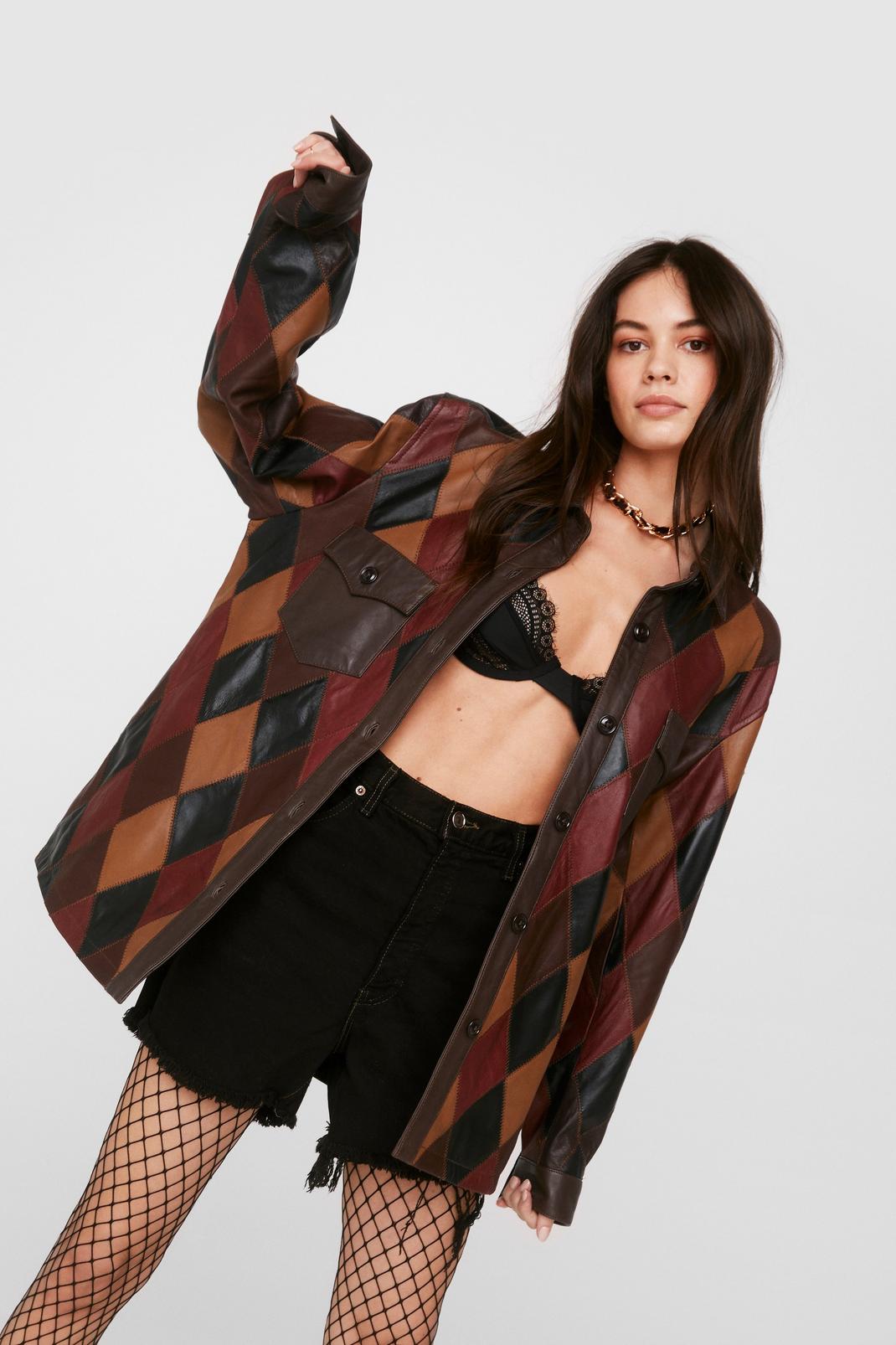 Brown Oversized Real Leather Patchwork Shirt Jacket image number 1