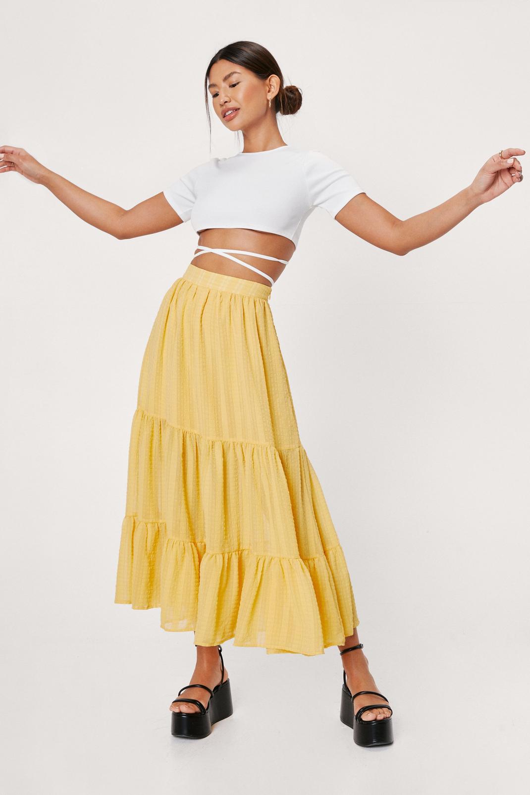 Yellow High Waisted Tiered Midi Skirt image number 1