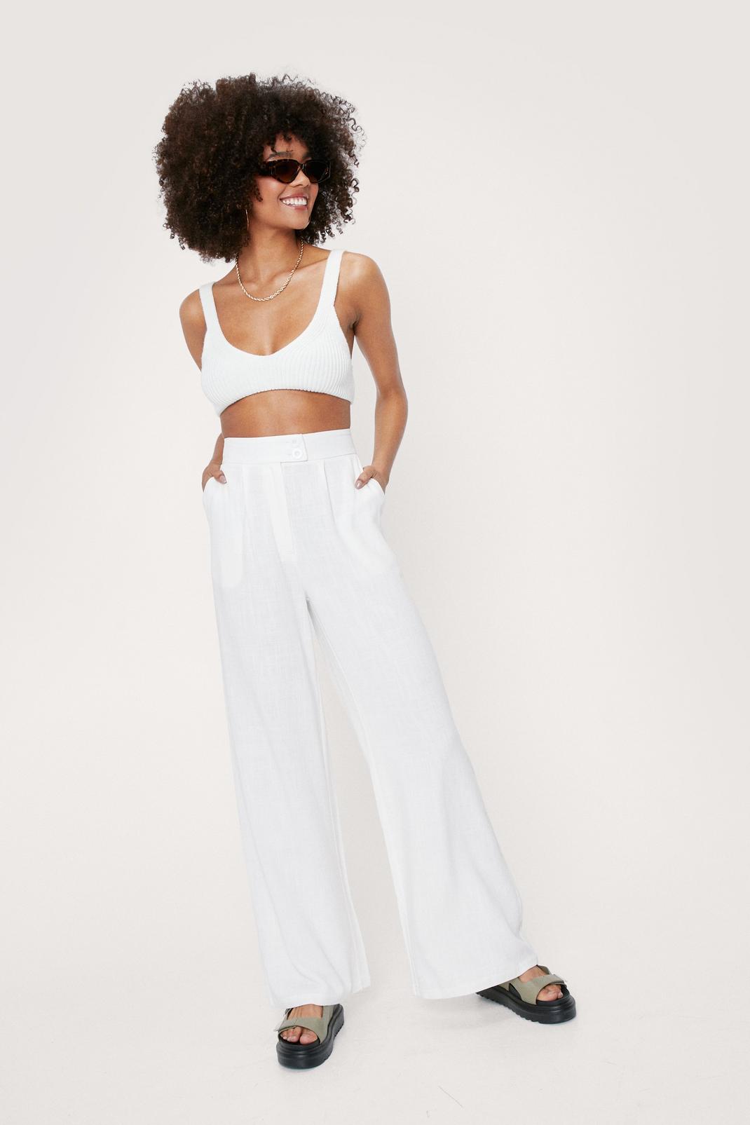White Linen Look High Waisted Wide Leg Pants image number 1