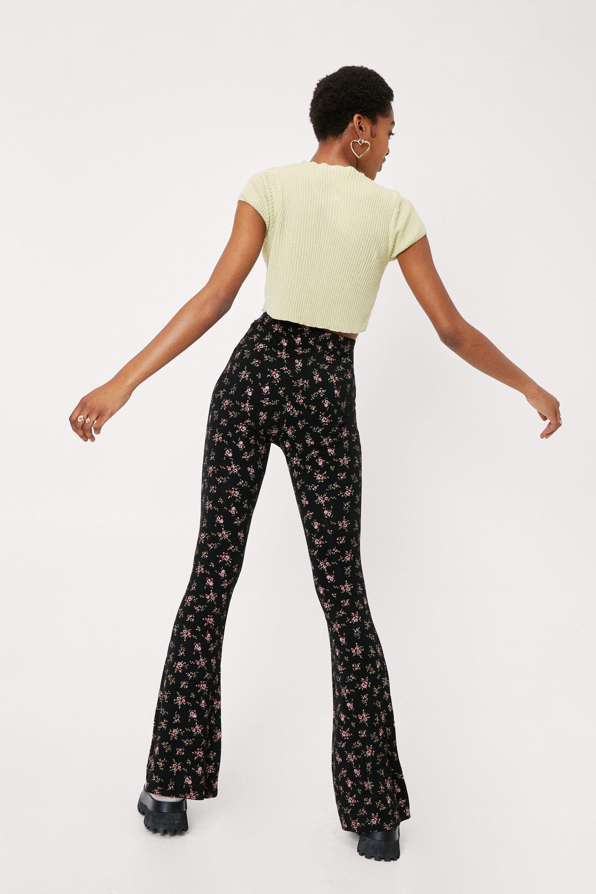 High Waisted Ditsy Floral Print Flare Pants