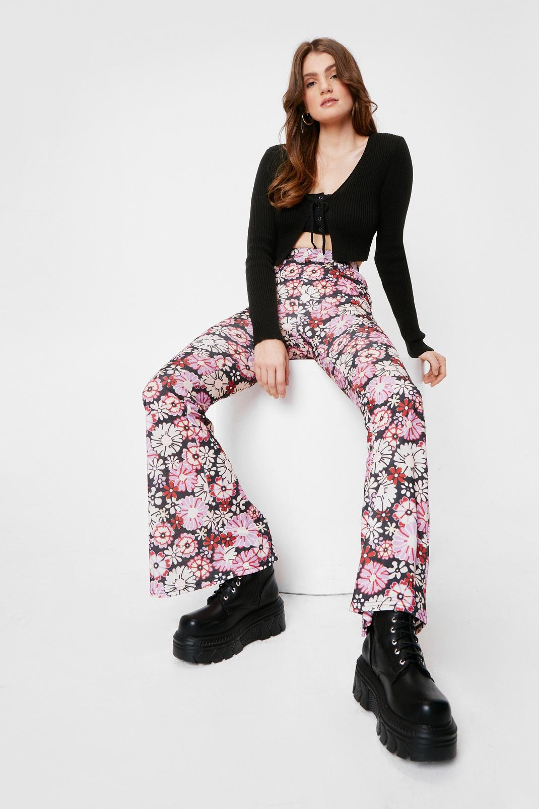 Lilac Floral High Waisted Flare Pants image number 1