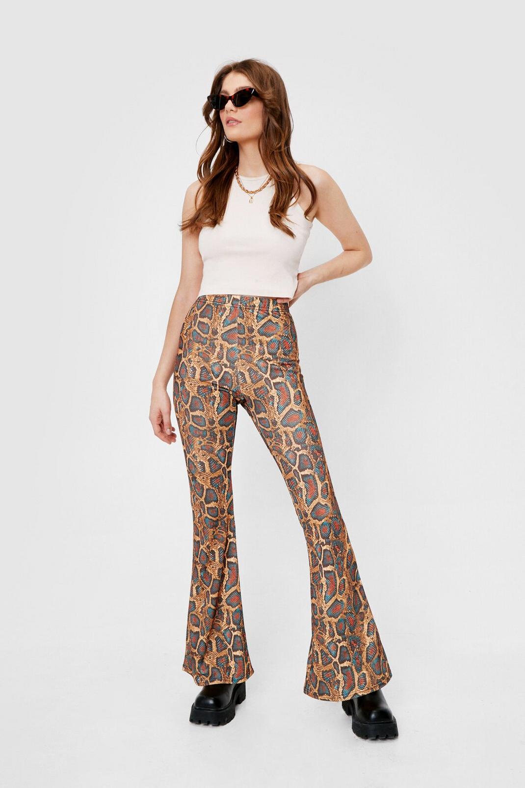 Brown Snake High Waisted Flare Pants image number 1