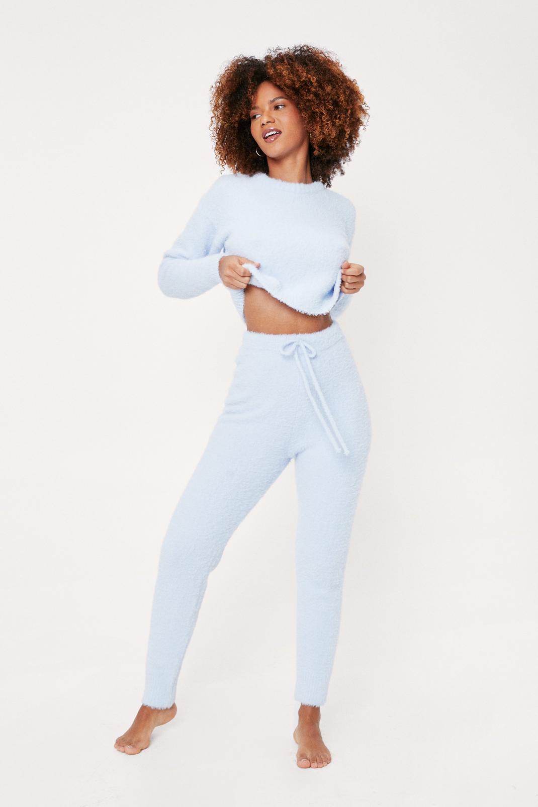 Dusty blue Fluffy Knit Jumper and Tracksuit Pants Lounge Set image number 1