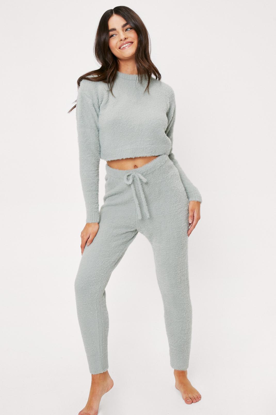 Sage Fluffy Knit Sweater and Joggers Lounge Set image number 1
