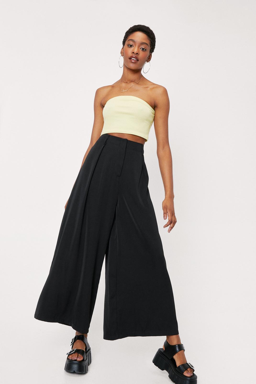 High Waisted Pleat Front Wide Leg Trousers
