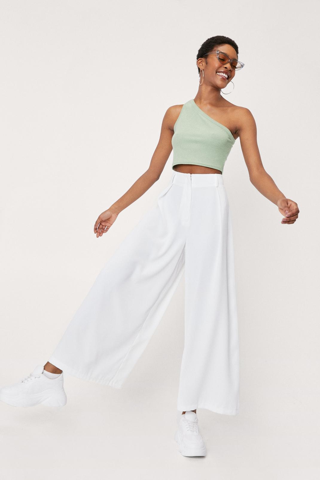 White High Waisted Pleat Front Wide Leg Trousers image number 1
