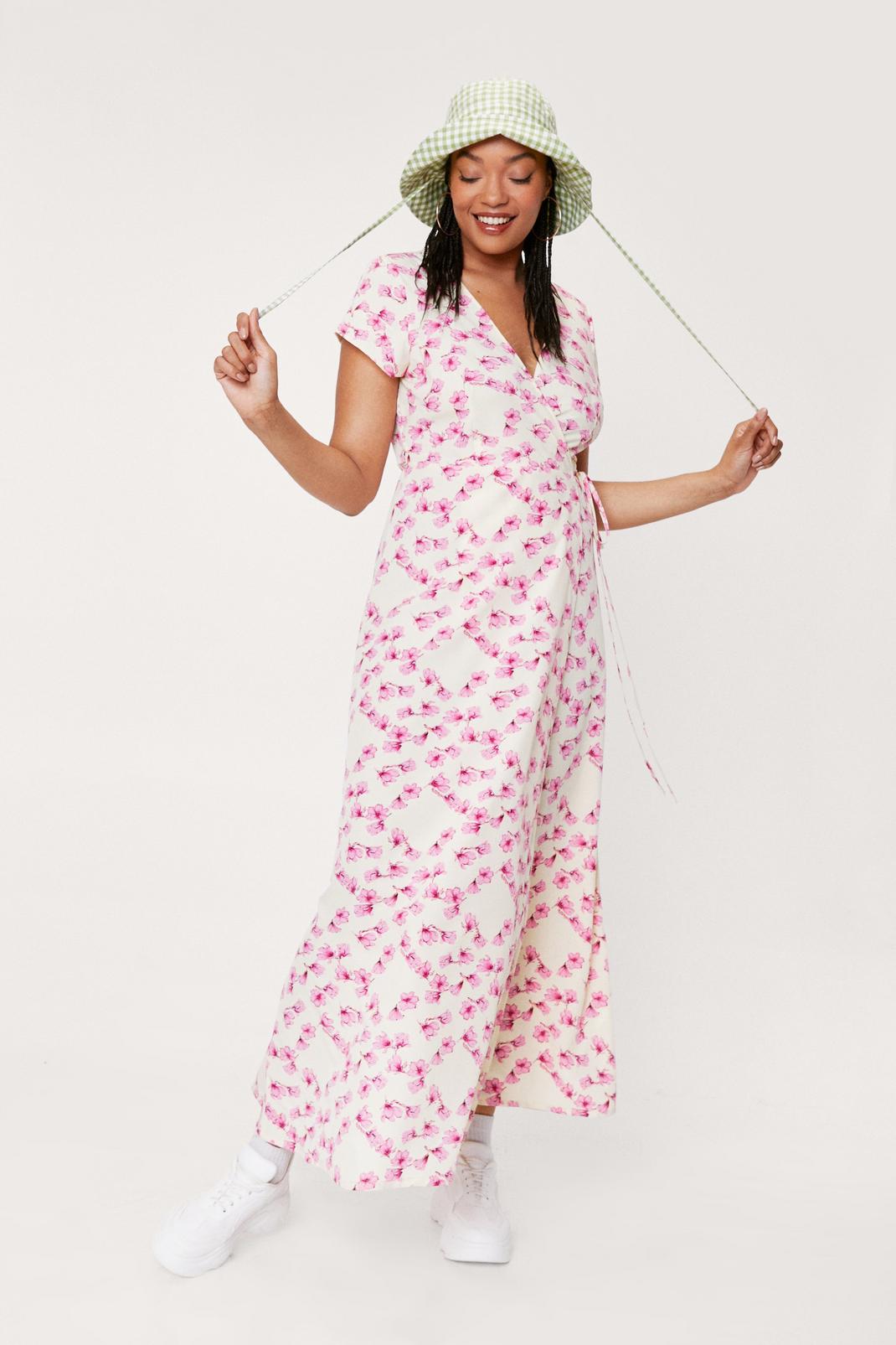 Cream Plus Size Floral Print Wrap Maxi Dress image number 1
