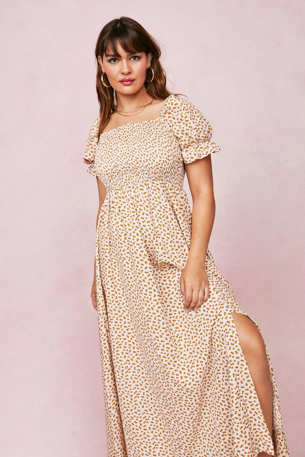 Cream Plus Size Ditsy Floral Shirred Maxi Dress image number 1