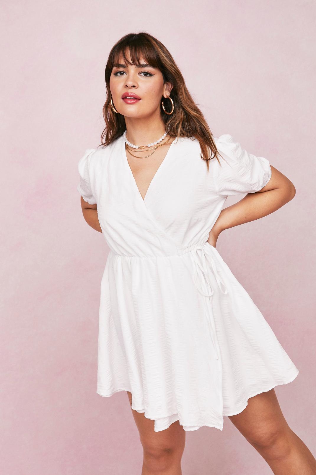 White Plus Size Crinkle Wrap Mini Dress image number 1