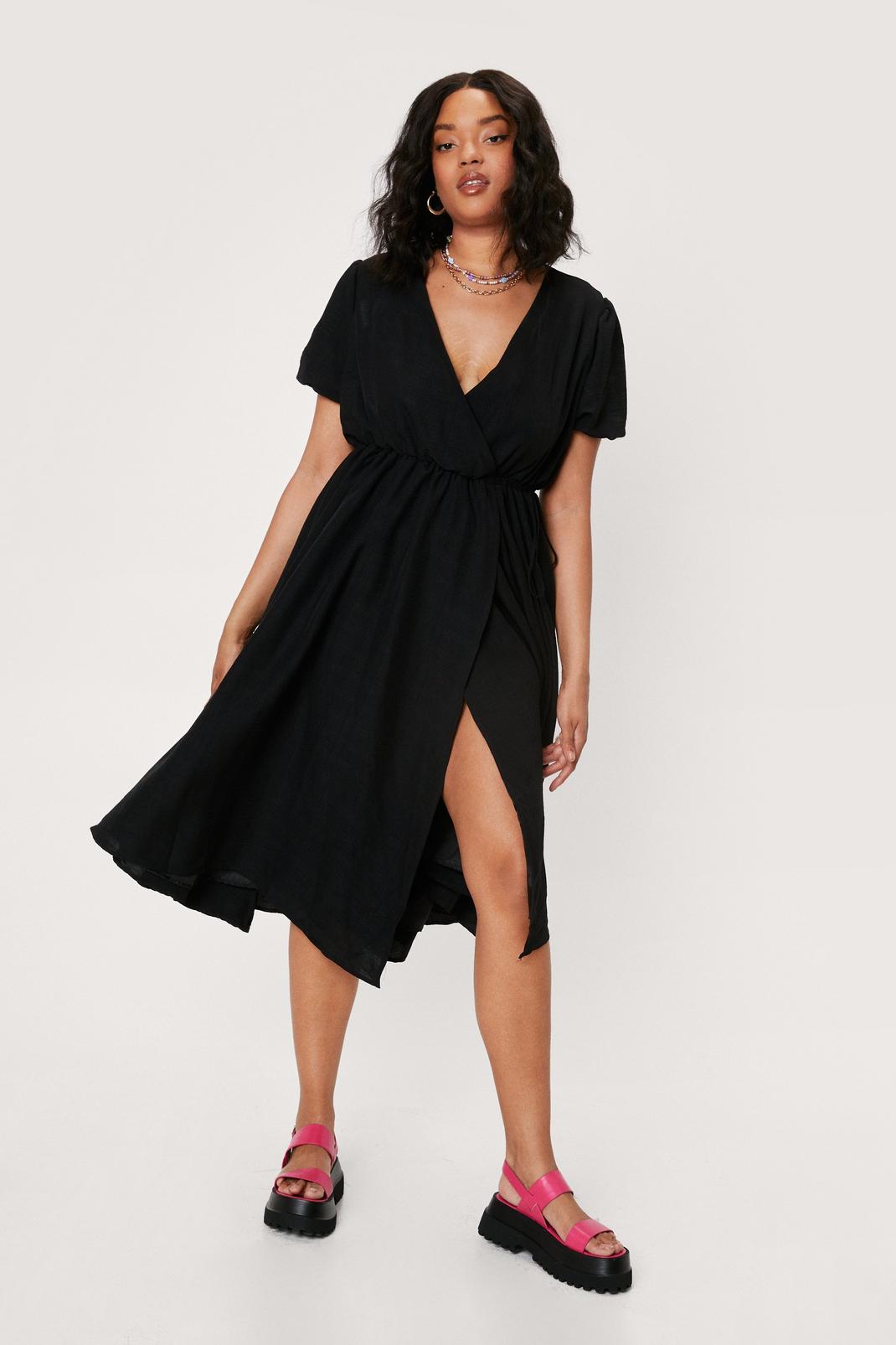 Black Plus Size Textured Wrap Midi Dress image number 1
