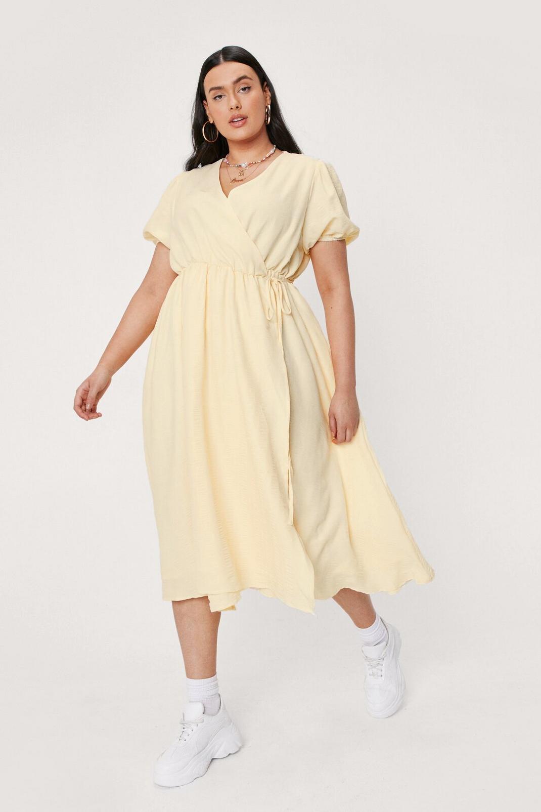 Lemon Plus Size Textured Wrap Midi Dress image number 1
