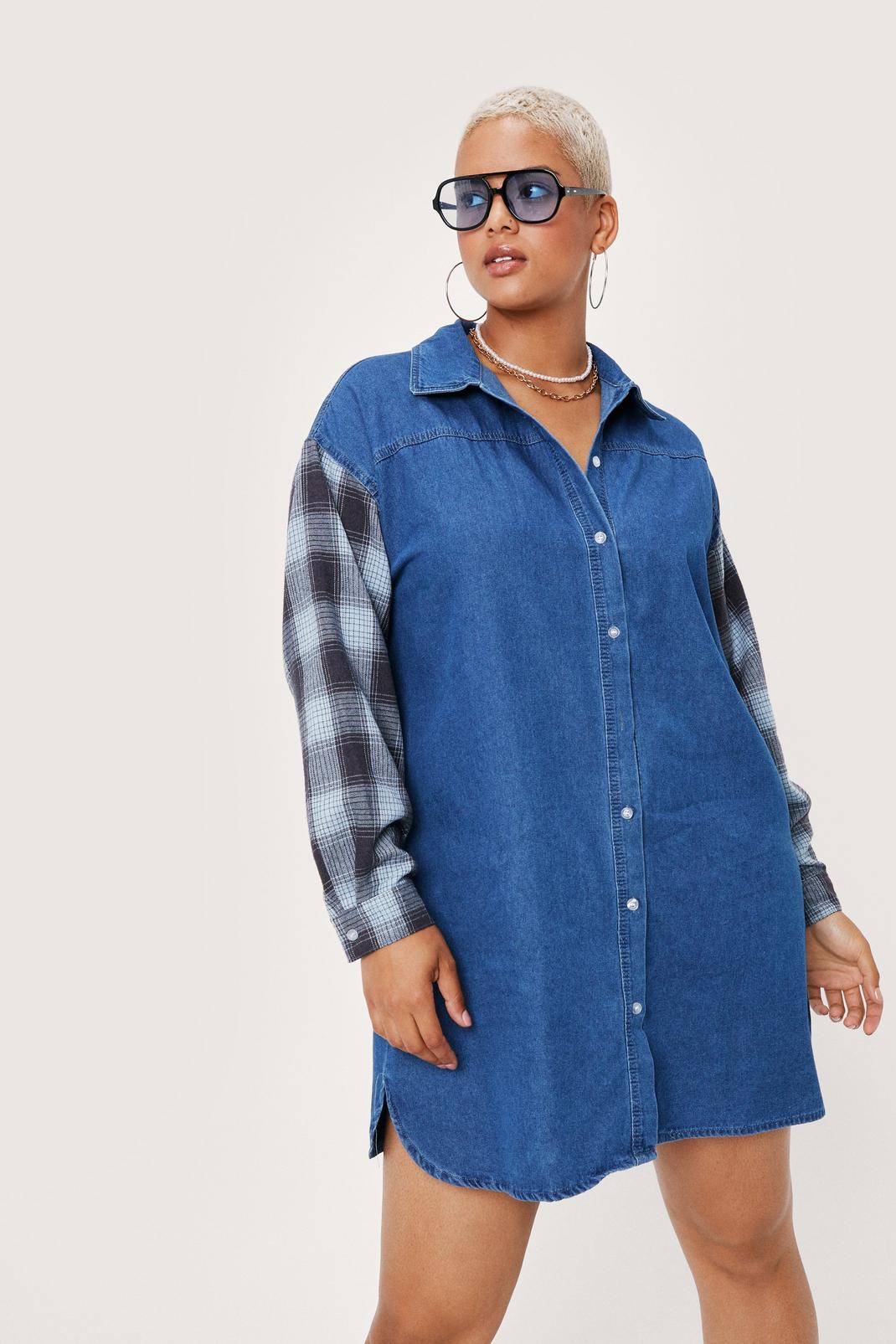 Grande Taille - Robe chemise en denim à manches imprimé carreaux, Blue image number 1