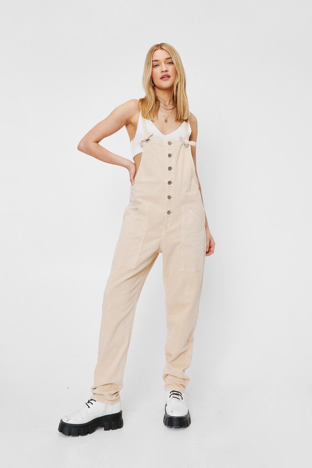 Beige Relaxed Square Neck Tie Denim Dungarees image number 1