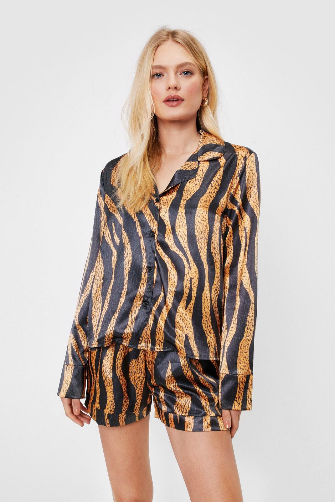 Black Satin Tiger Pajama Shirt and Shorts Set image number 1