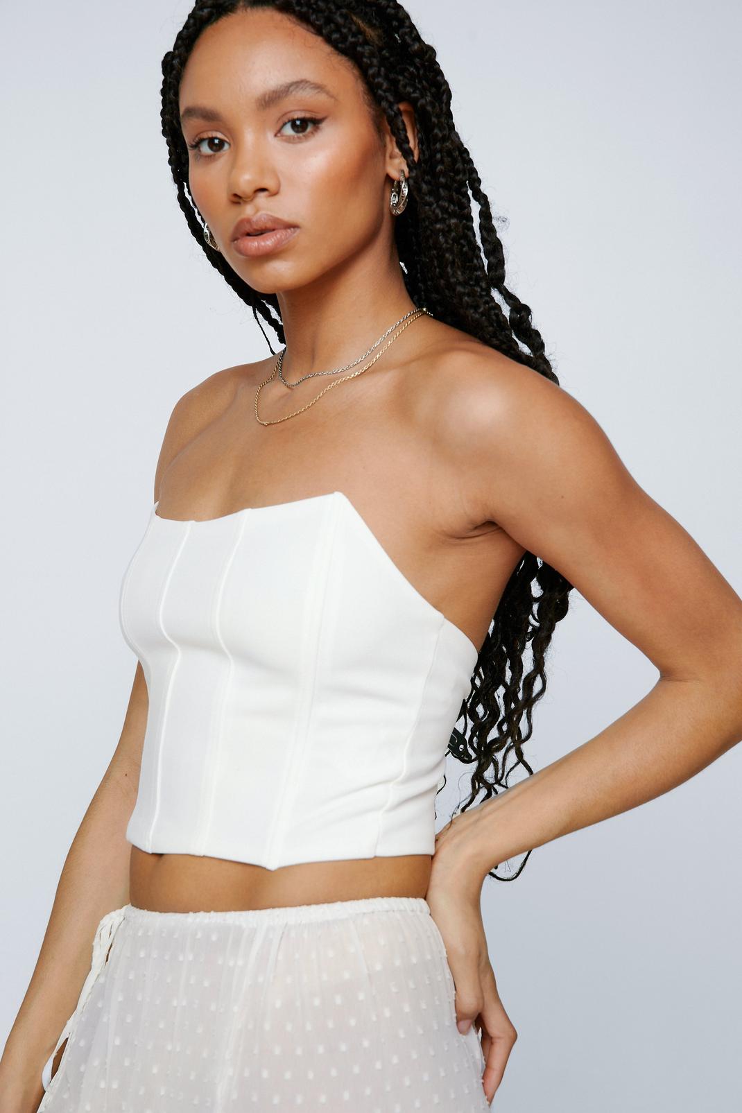 White Cropped Strapless Seam Detail Corset Top image number 1