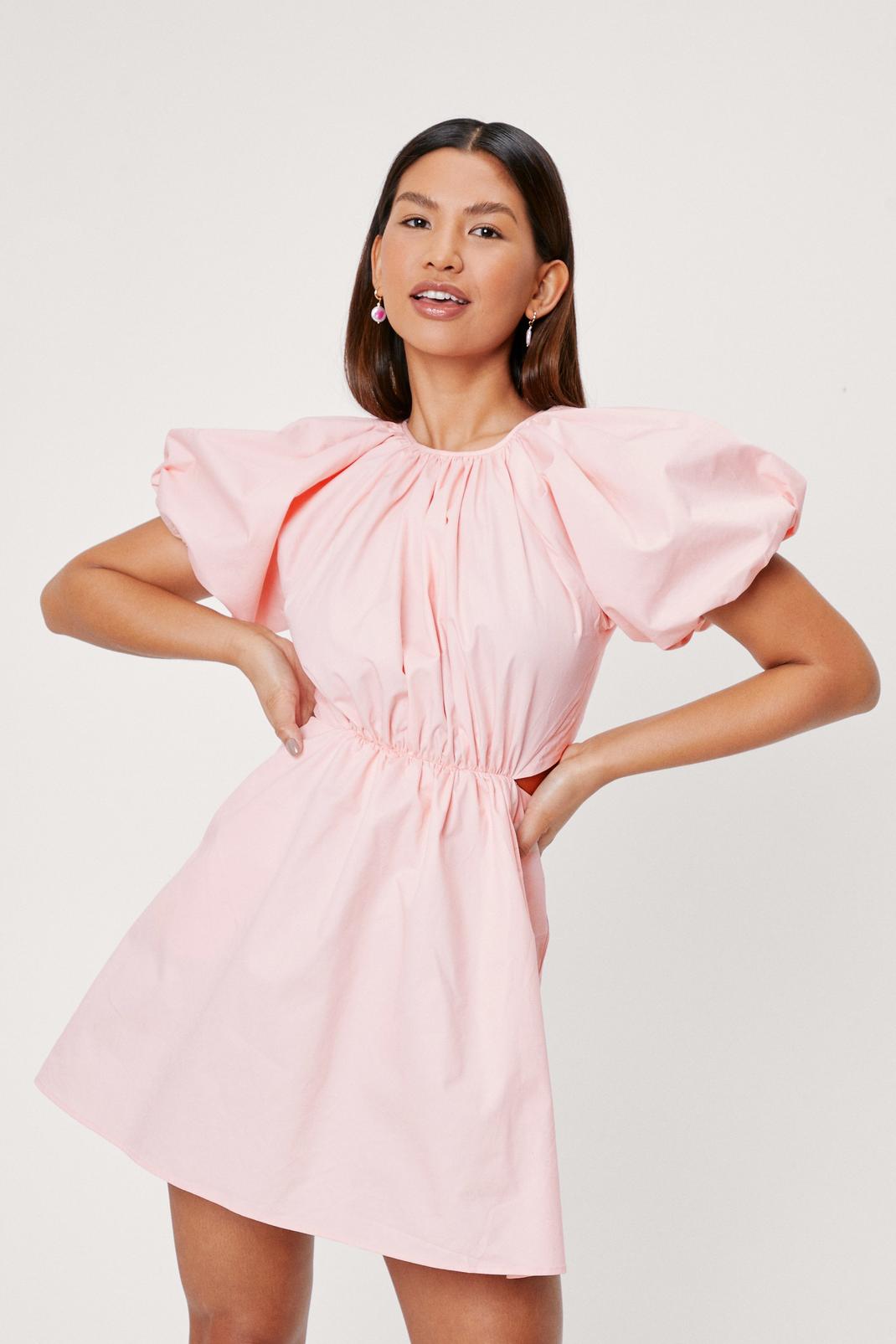 Baby pink Puff Sleeve Crew Neck Cut Out Mini Dress image number 1