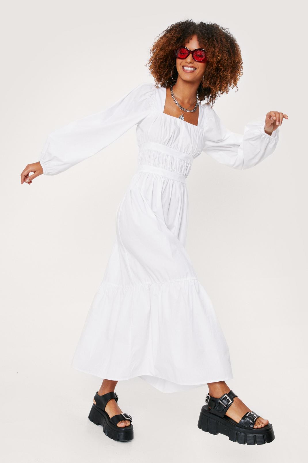 White Square Neck Poplin Tiered Maxi Dress image number 1