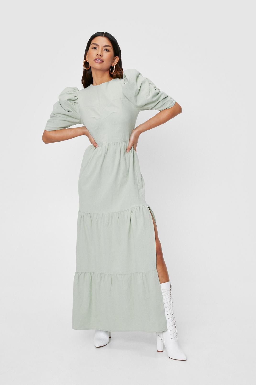 Sage Linen Look Puff Sleeve Tiered Maxi Dress image number 1