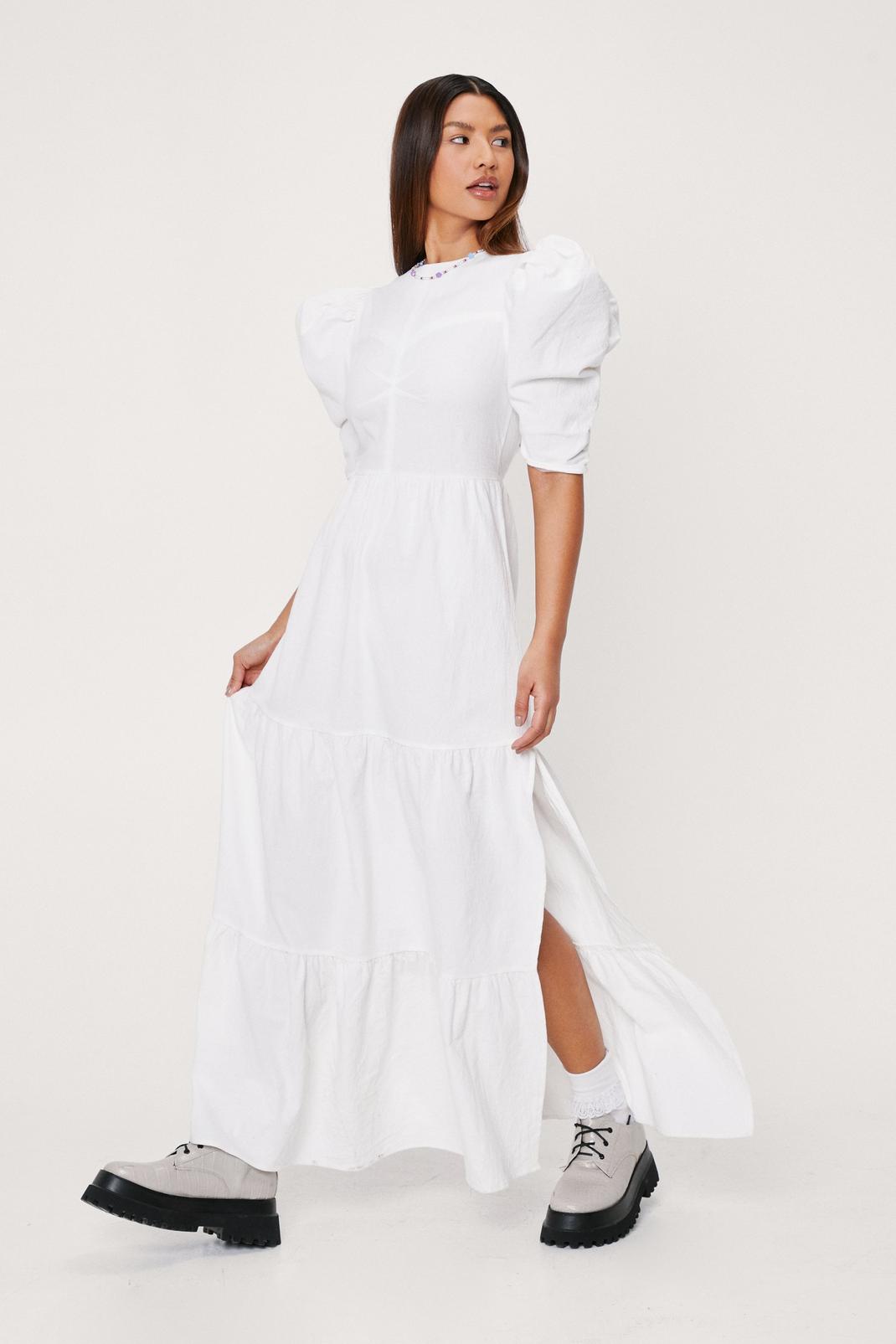 White Linen Look Puff Sleeve Tiered Maxi Dress image number 1