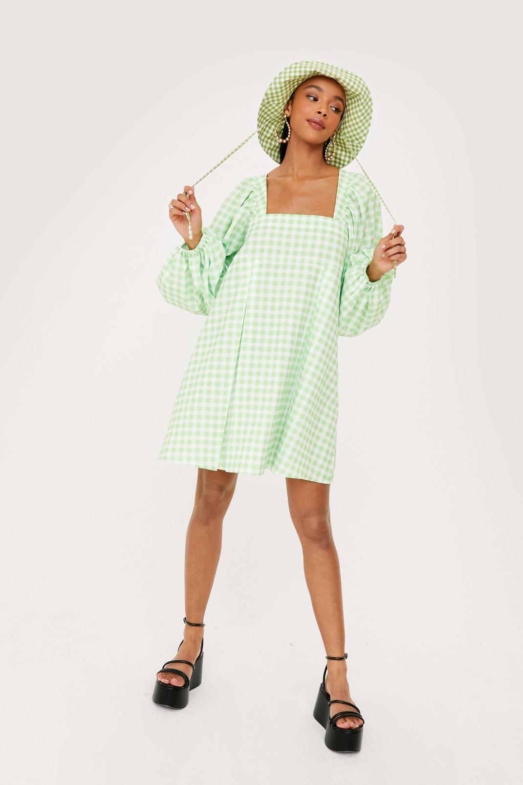 Robe courte à manches ballon et imprimé vichy, Apple green image number 1