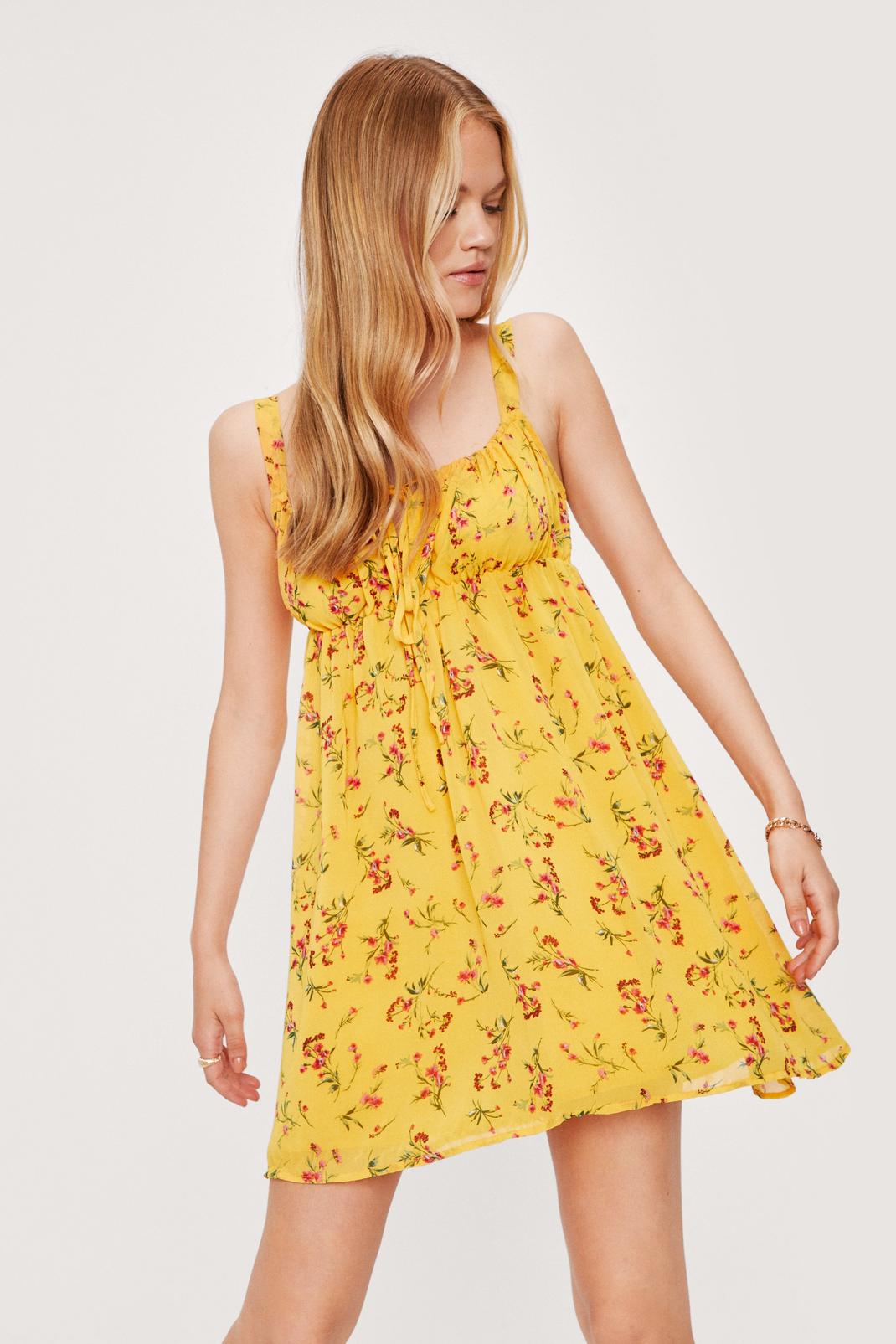 Yellow Shirred Floral Square Neck Mini Dress image number 1