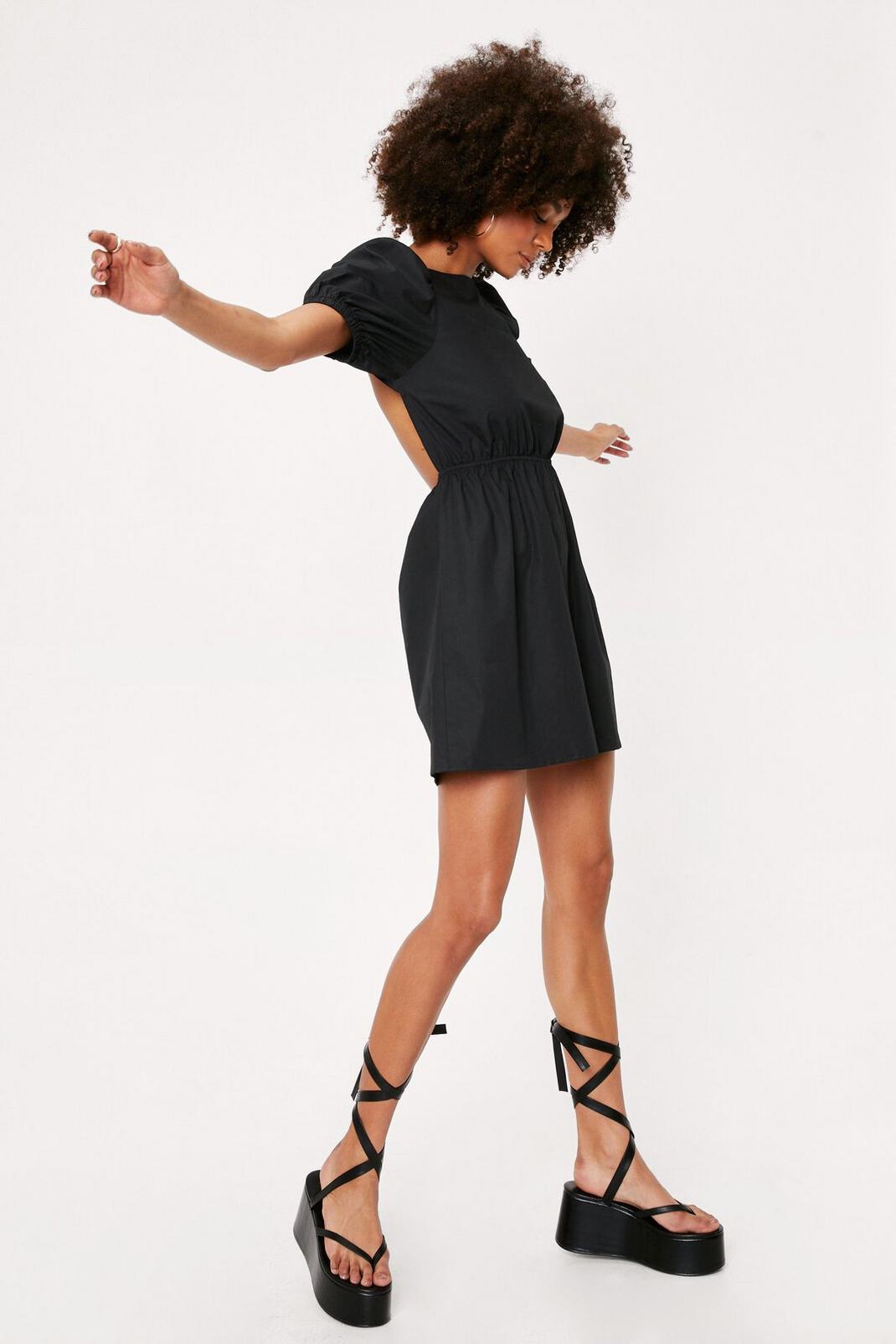 Black Backless Poplin Puff Sleeve Mini Dress image number 1