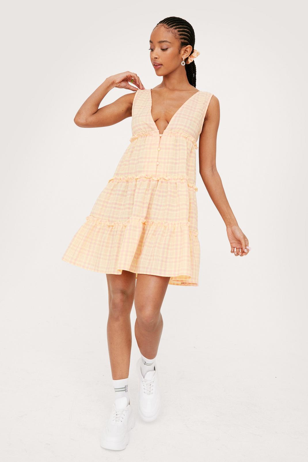 Apricot V Neck Check Dress and Scrunchie Set image number 1