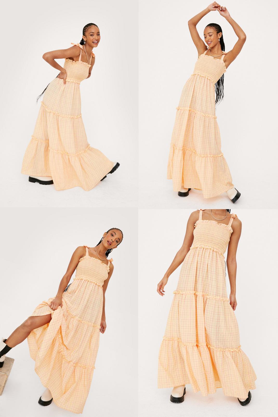Apricot Shirred Woven Check Tiered Maxi Dress image number 1