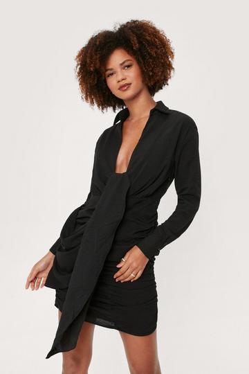 Textured Stripe Draped Shirt Mini Dress black