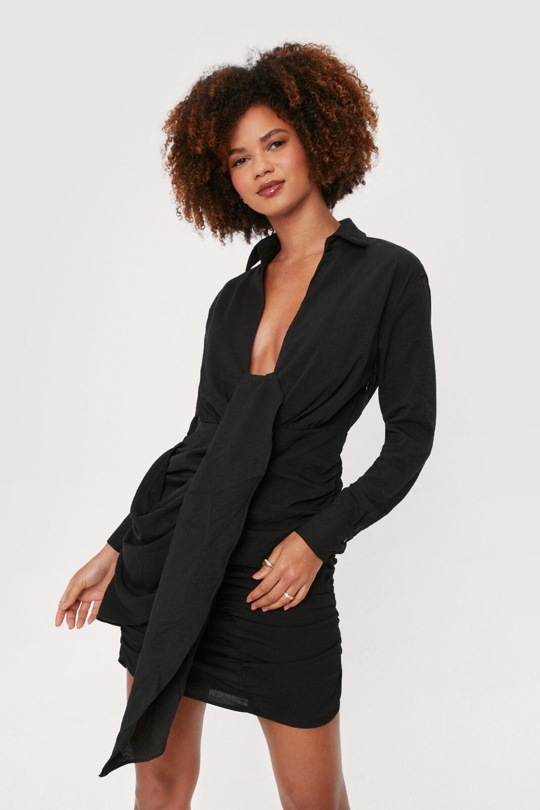 Robe chemise côtelée à détails froncés et nœud oversize, Black image number 1