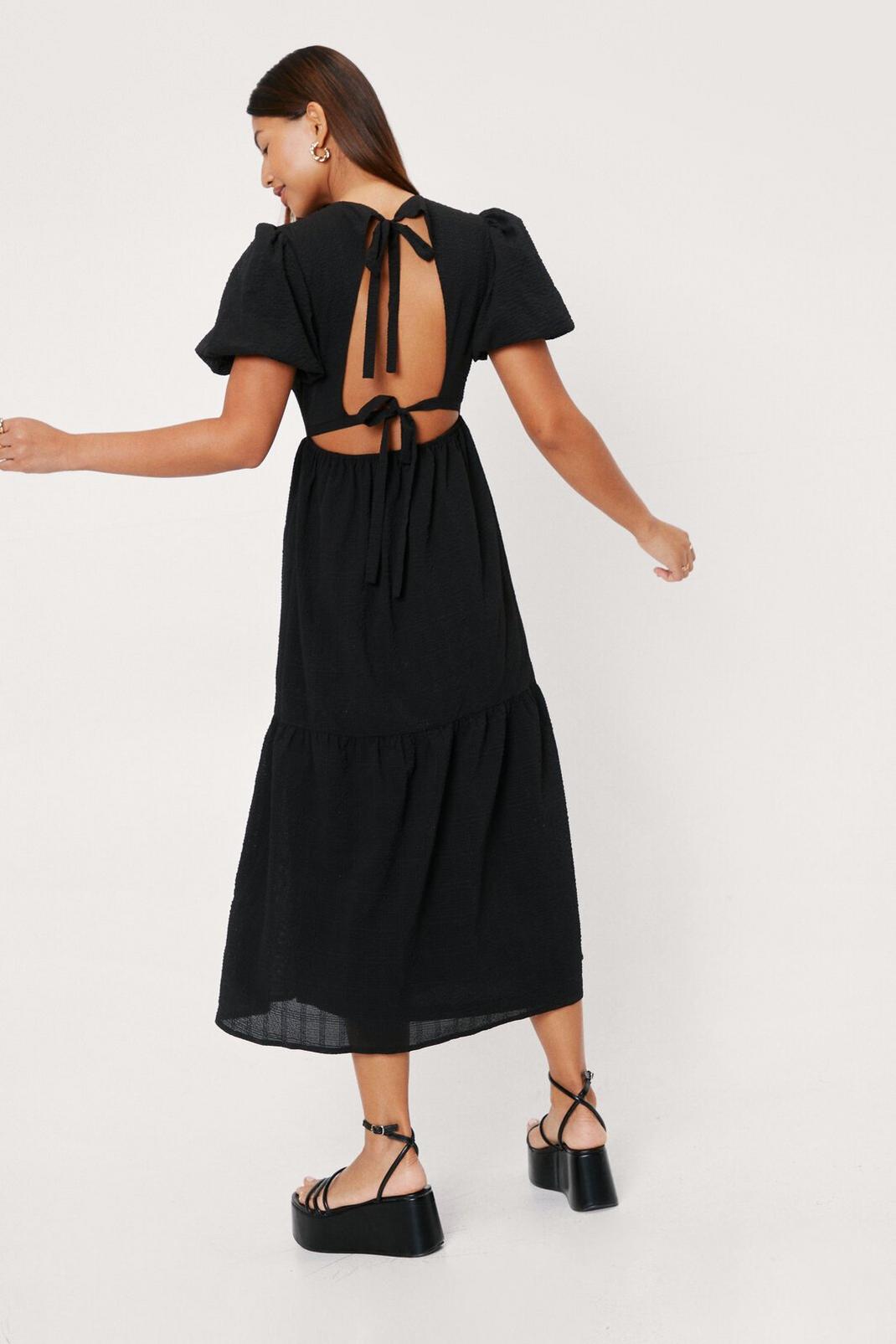 Black Linen Look Open Tie Back Midi Dress image number 1