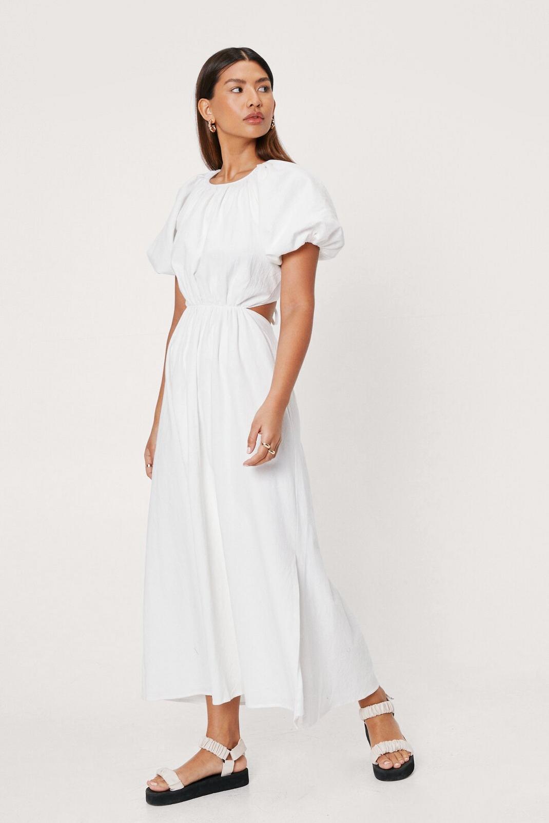 White Linen Look Open Tie Back Midi Dress image number 1