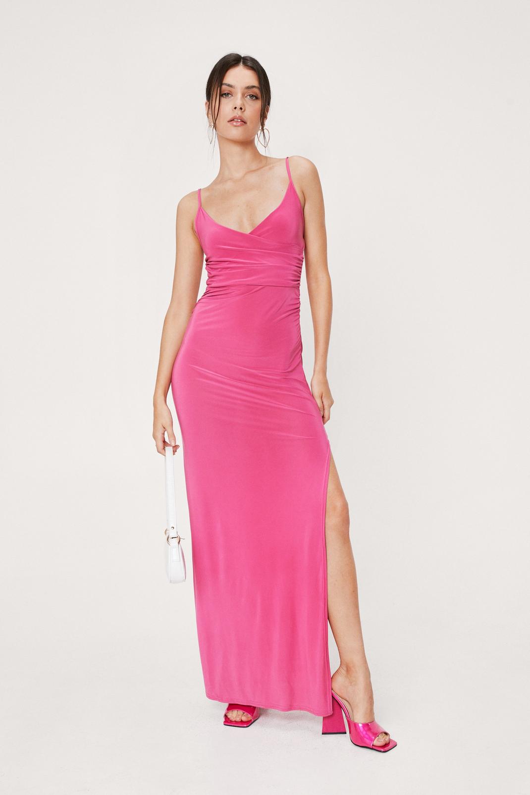 Hot pink Slinky V Neck Wrap Split Hem Maxi Dress image number 1