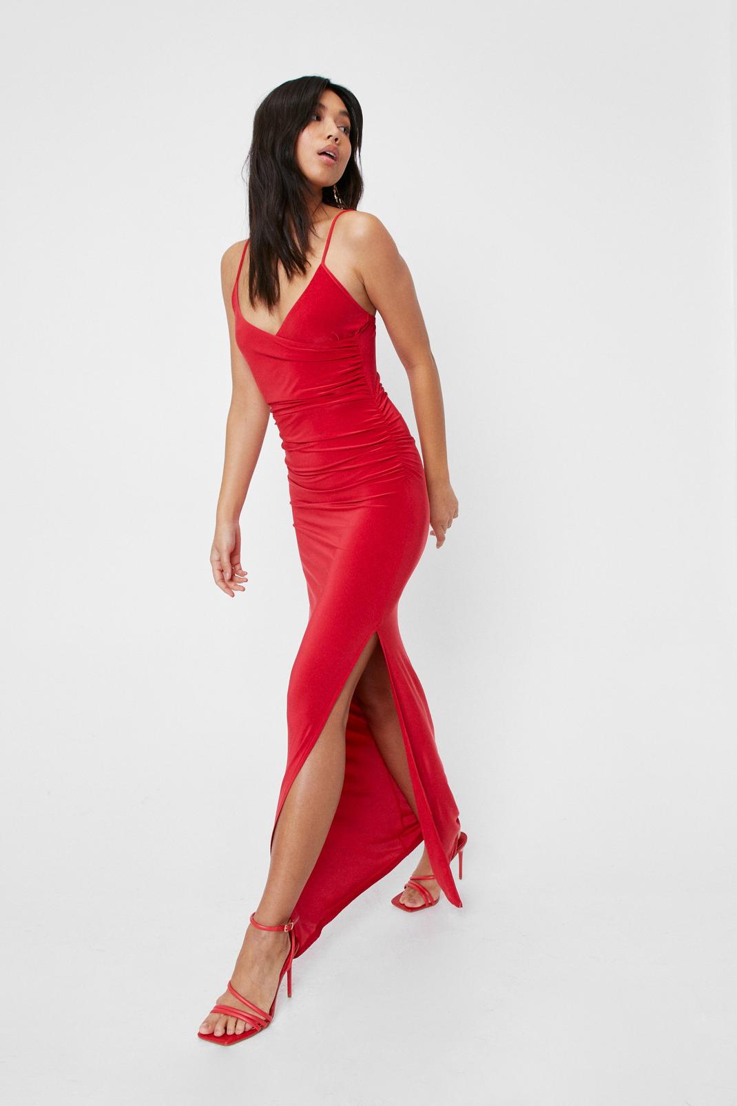 Red Slinky V Neck Wrap Split Hem Maxi Dress image number 1