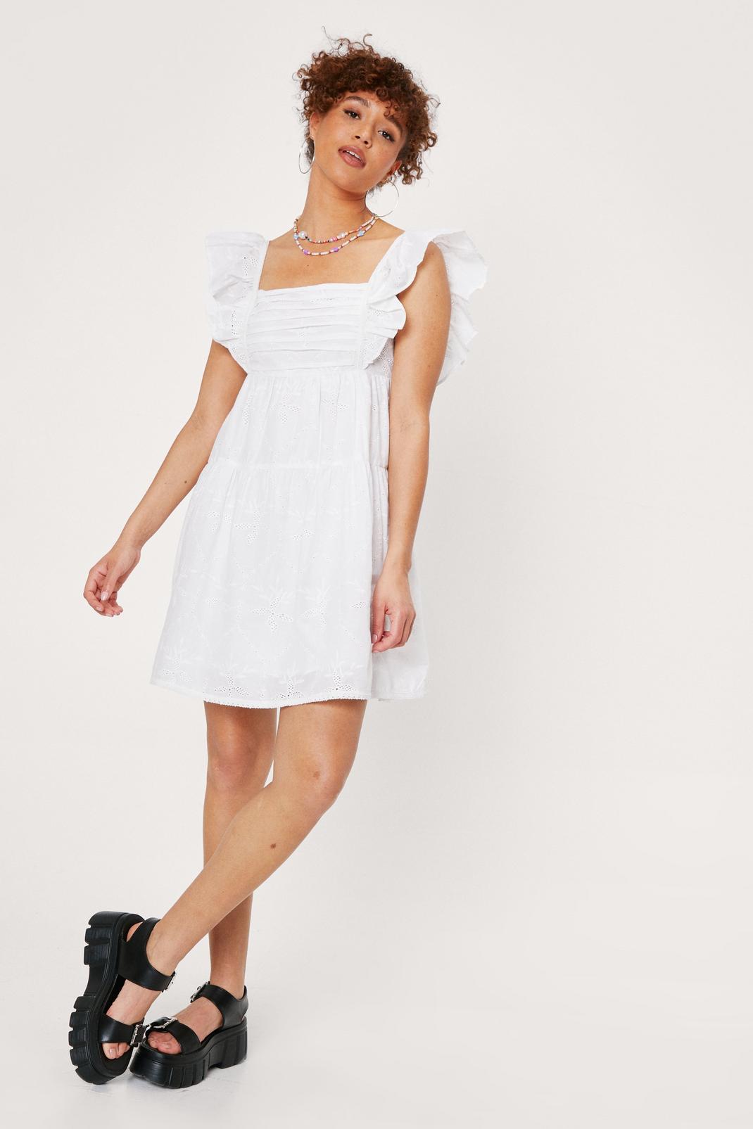White Embroidered Pleated Bust Mini Smock Dress image number 1