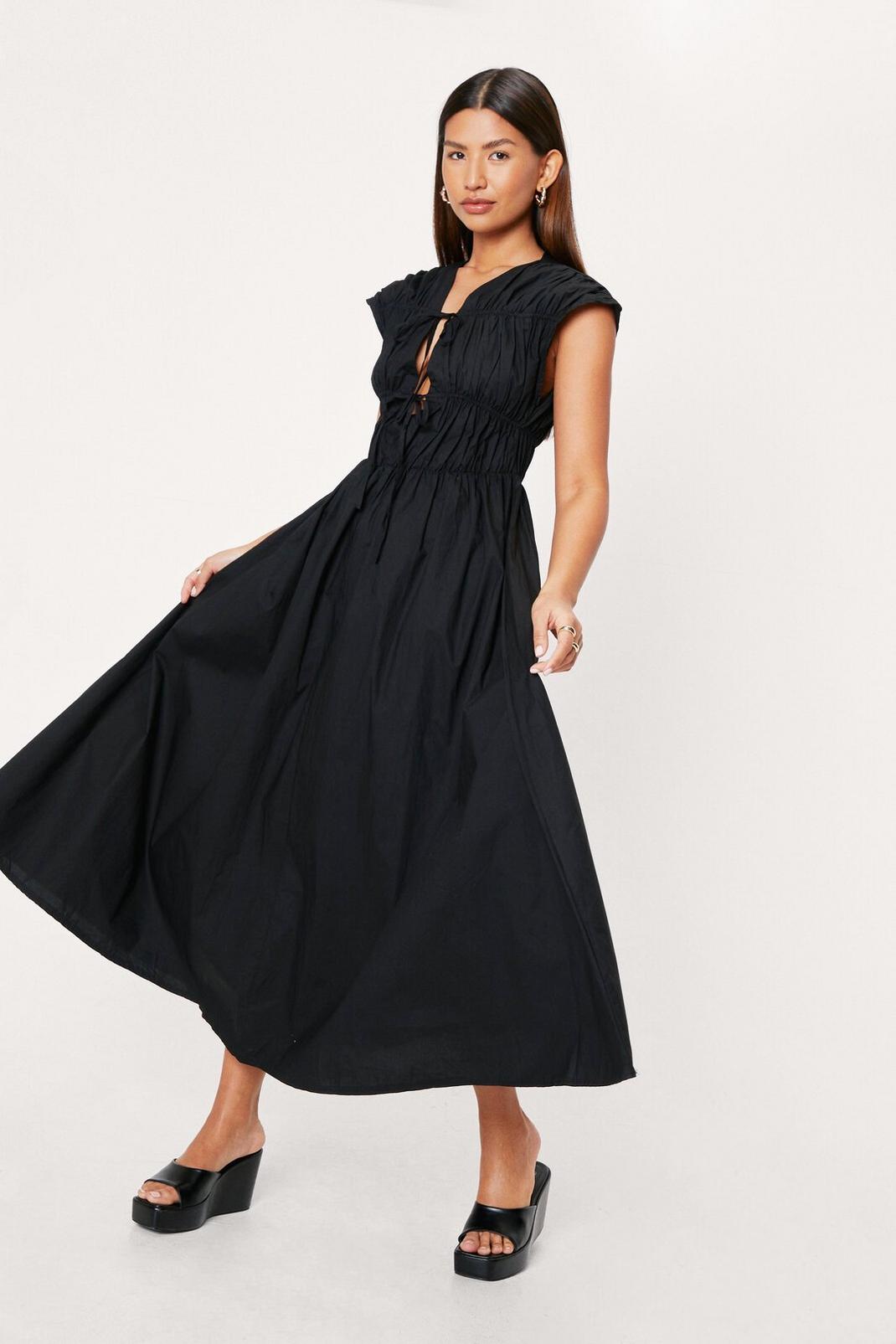 Black Shirred Tie Front Poplin Midi Tea Dress image number 1
