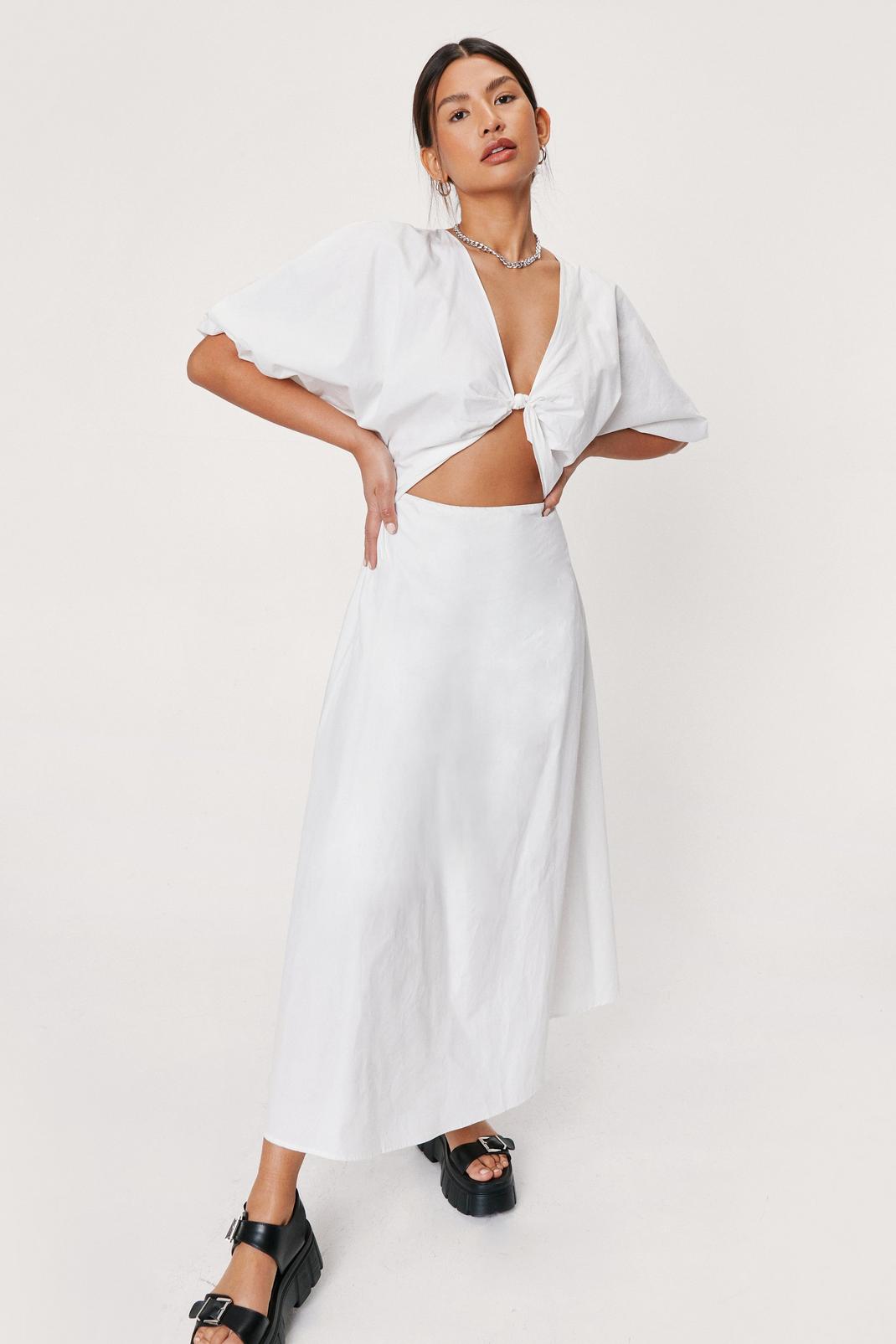 White Knot Front Puff Sleeve Poplin Midi Tea Dress image number 1