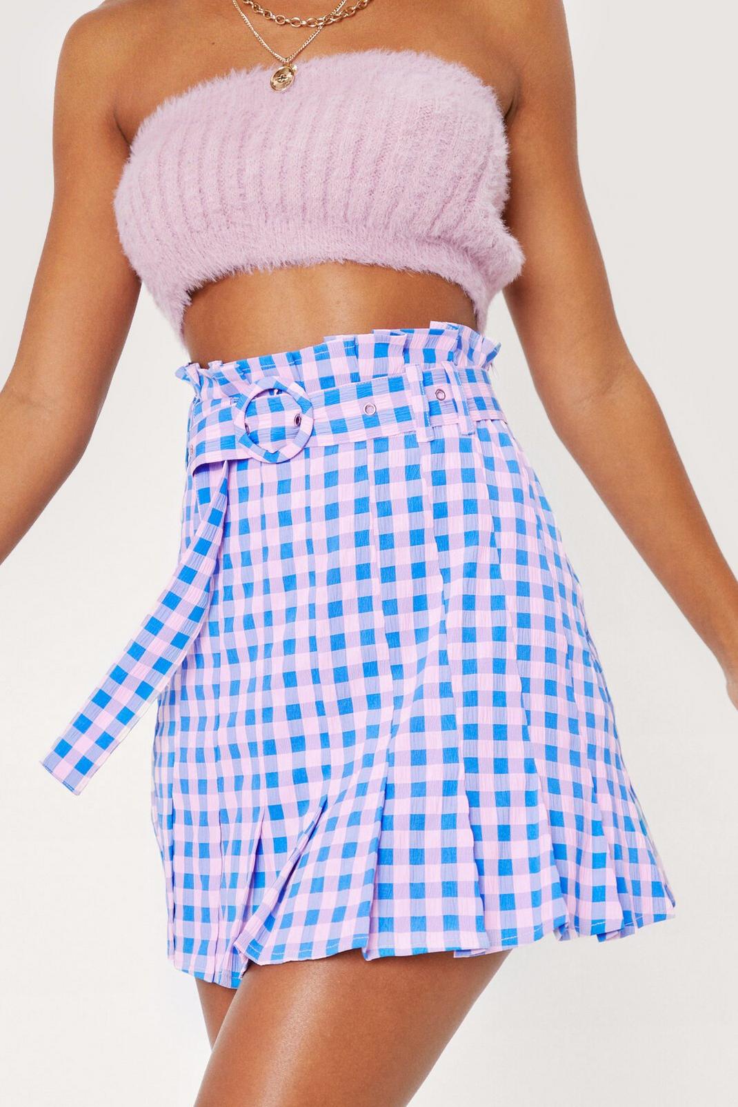 Mini jupe ceinturée effet paperbag à détails plissés et imprimé vichy, Blue image number 1