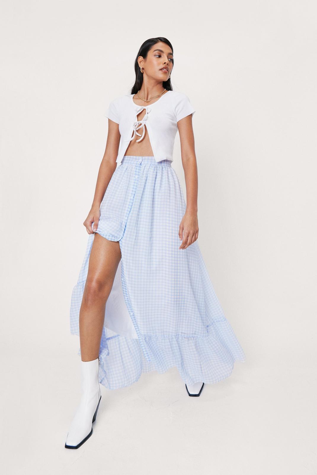 Blue Check Print High Waisted Maxi Skirt image number 1