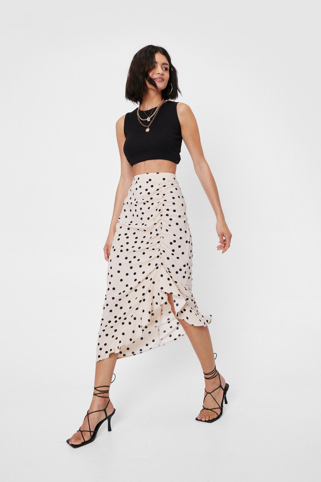 Beige High Waisted Spotty Ruched Midi Skirt image number 1