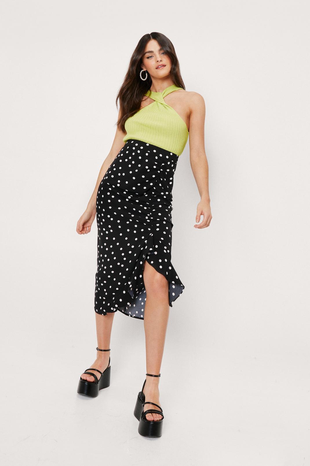 Black High Waisted Spotty Ruched Midi Skirt image number 1