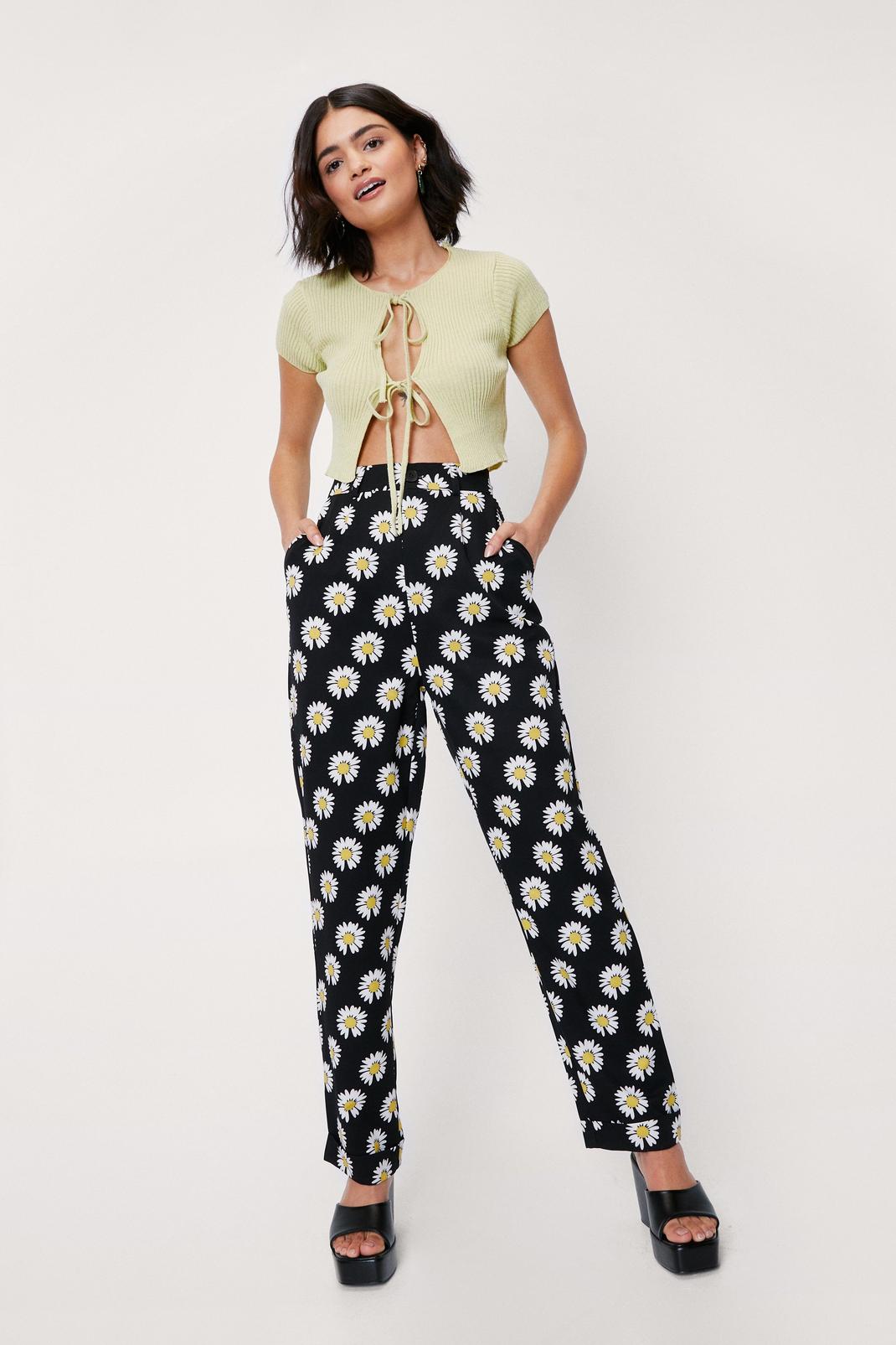 Black Daisy Print High Waisted Pants image number 1
