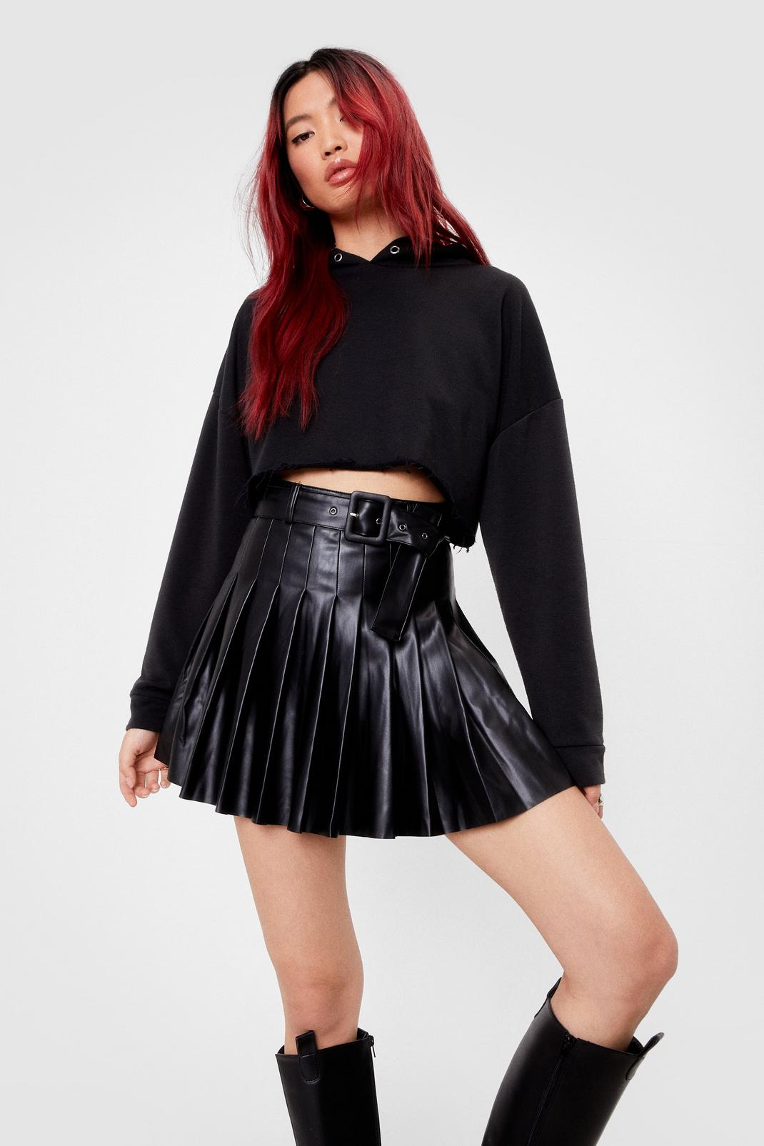 Black Faux Leather Pleated Belted Mini Skirt image number 1