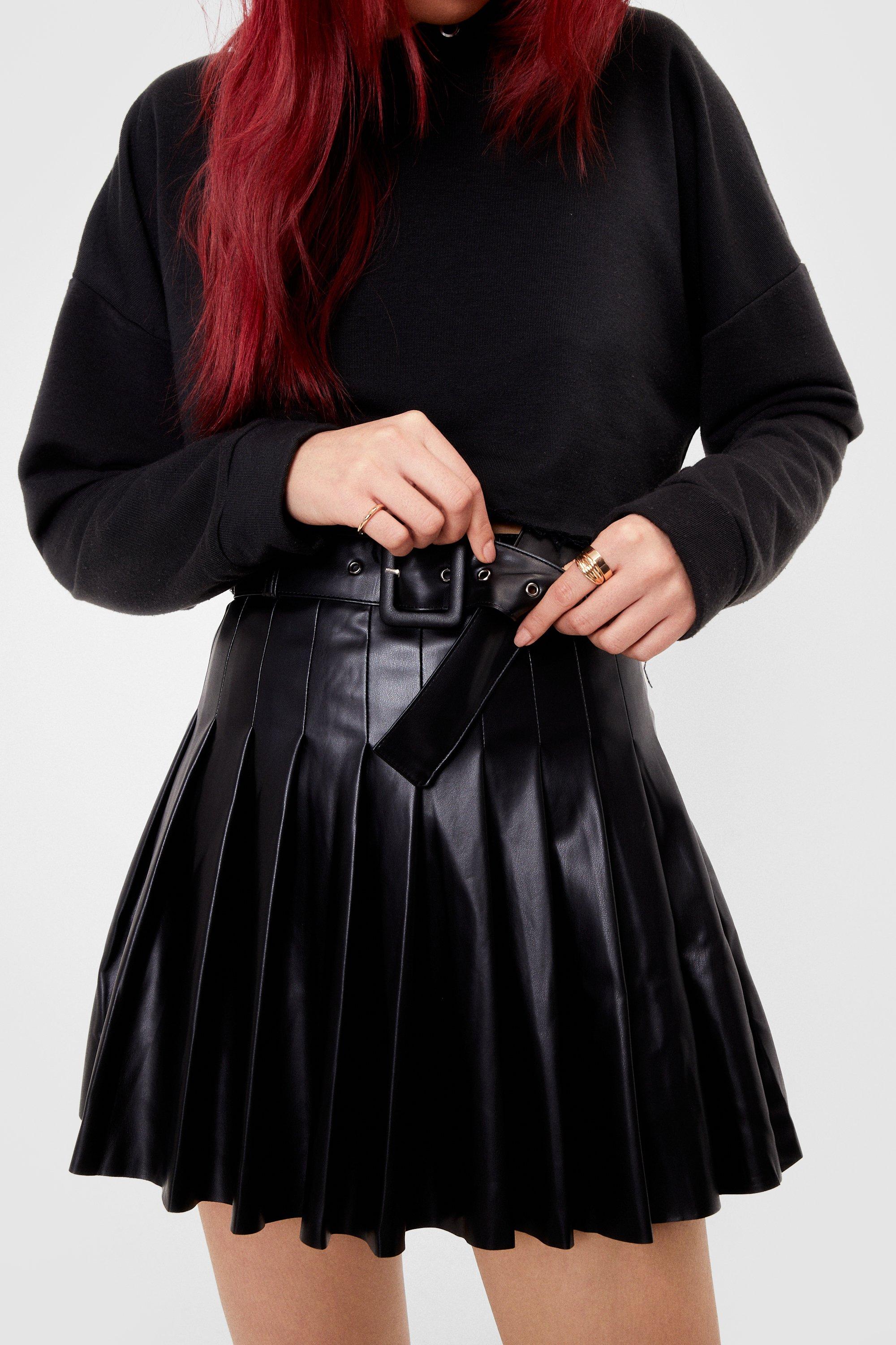 Black Faux Leather Pleated Skater Skirt