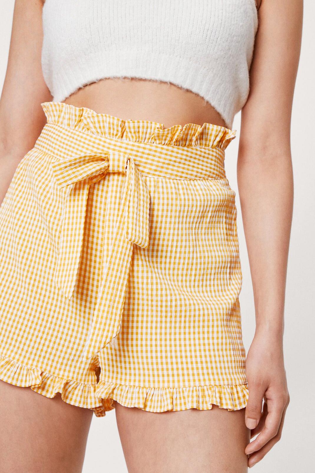 Yellow Petite High Waisted Gingham Belted Shorts image number 1
