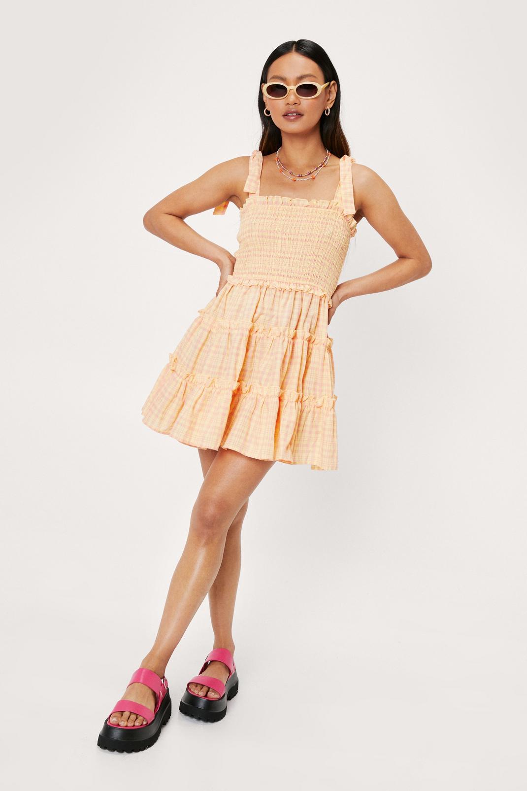Peach Petite Check Shirred Ruffle Mini Dress image number 1