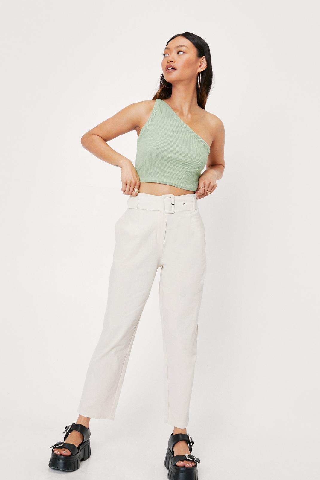 Cream Belted Linen Look Tapered Pants image number 1