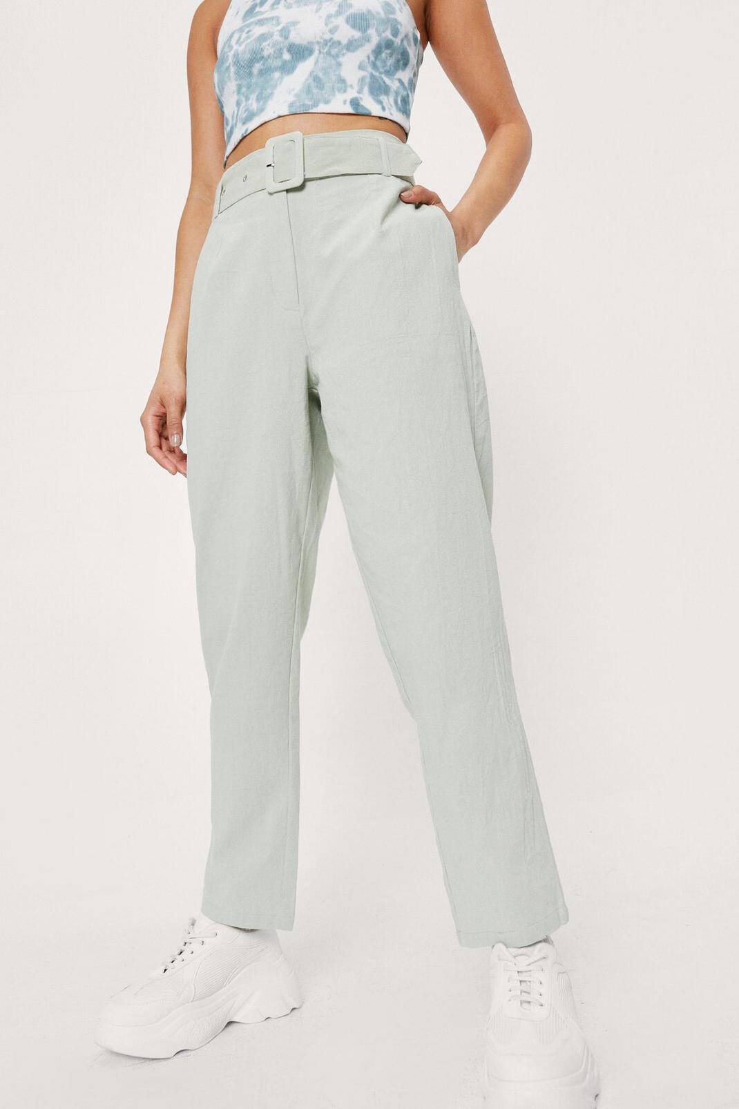 Sage Belted Linen Look Tapered Trousers image number 1